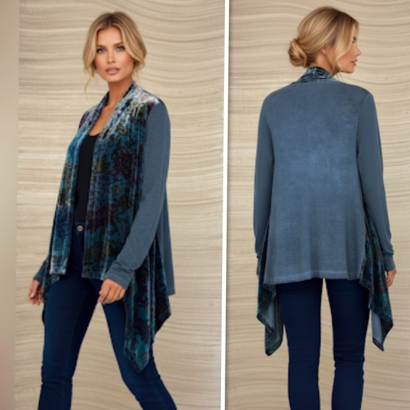 Johnny Was Sweaters - Johnny Was Velvet Teal Drape Open Front Sweater Cardigan In Team Size XS